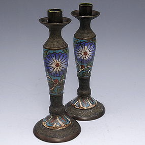 Chinese Bronze Champleve Enamel Candlesticks Holder