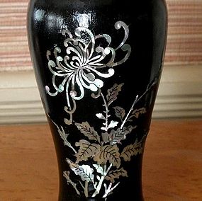 Korean Black Lacquer and MOP Over Celadon Porcelain Vase