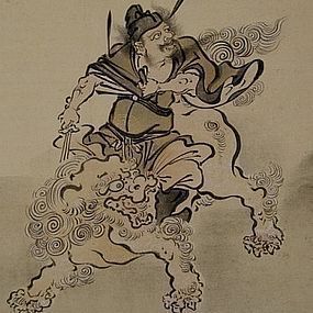 Japanese Silk Painting Shoki the Demon Slayer on Shi-Shi Lion