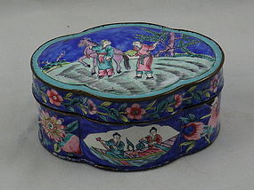 Chinese Cobalt Blue Lobed Enamel Box with Scene