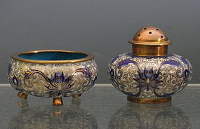 Chinese Cloisonne Blue White Salt and Pepper Set, Qing