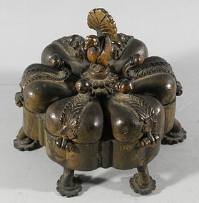 Antique Hindu Indian Peacock Kankavati Bronze Kumkum Box Container