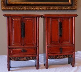 Antique Pair Red Lacquer Miniature Chinese Scholar's Cabinets, 19th C