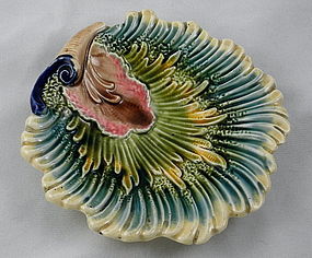 Antique French Majolica Glazed Shell Leaf Dish