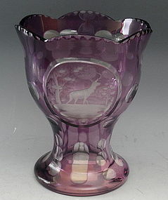 Antique Purple Bohemian Crystal Art Glass Etched Deer Scene Vase