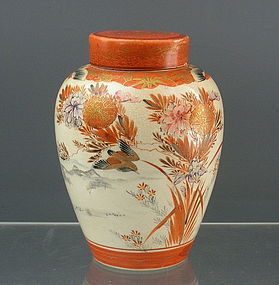 3 Piece Signed Japanese Kutani Tea Caddy Jar with Birds, Meiji