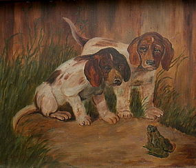 Antique American Folk Art Oil Painting of Puppies Frog, Signed Graham