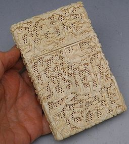 Antique Chinese Carved Ivory Card Case Pierced Background, 19th C