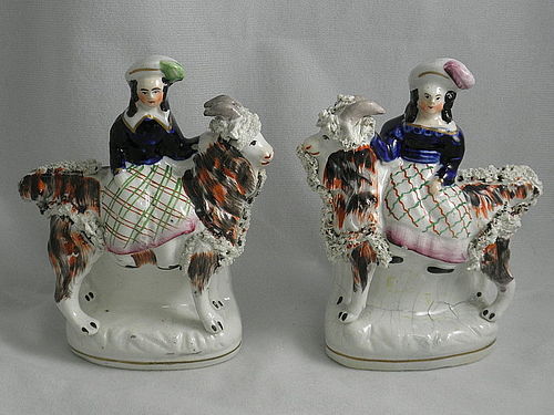 Pair of Antique Staffordshire Girl Riding Goat Figurine, Circa 1830