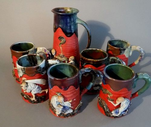 Japanese Sumida Gawa Tankard and 6 Mugs, Artist Signed