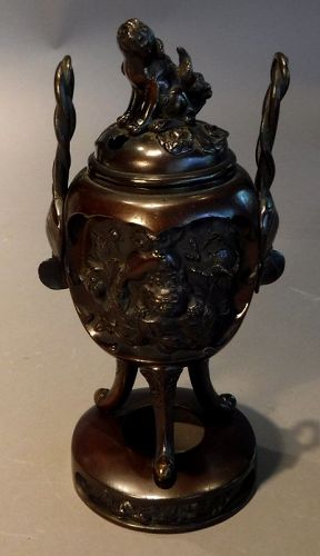 Signed 19th C Japanese Bronze Koro Censer with Shishi Foo Dog, Meiji