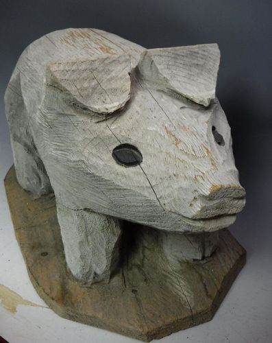 Large American Old Folk Art Hand Carved Wood Pig Statue