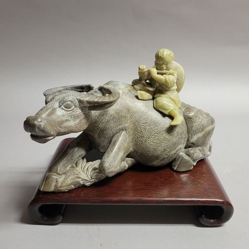 Chinese Stone Carving of Boy Playing Flute on Buffalo Sculpture