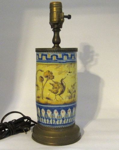 Mid Century Yellow Tile Table Lamp with Dog, Bull, Deer, Bird