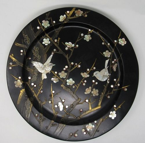 Black Lacquer Mother of Pearl Birds Cherry Blossom Charger Gold Brush