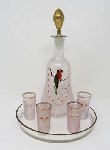 Bohemian Glass Aperitif Cordial Set, Decanter with Parrot, Tray