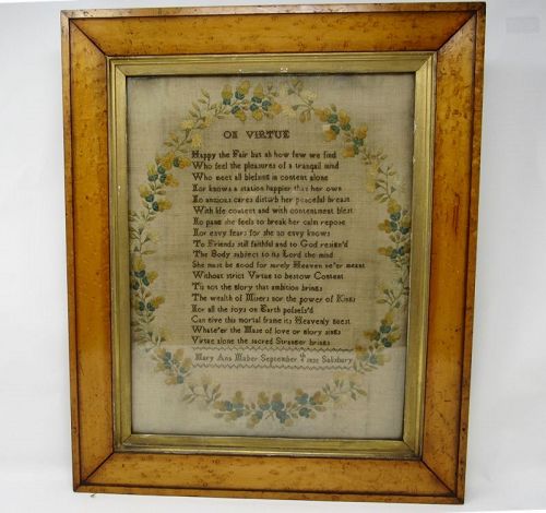 1832 American Needlepoint Embroidery ON VIRTUE in Birdseye Maple Frame