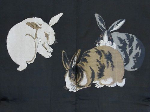 Old Japanese Men's Black Silk Haori with Three Woven Rabbits