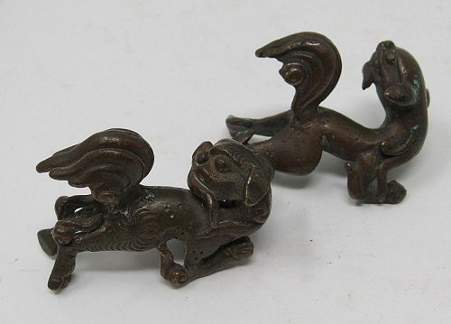 Pair Chinese Bronze Foo Dog Scholar Scroll Weight Brush Rests