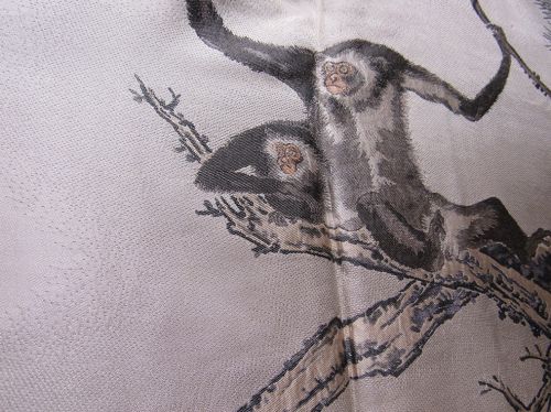 Old Japanese Men's Silk Haori Jacket with Woven Monkey Family