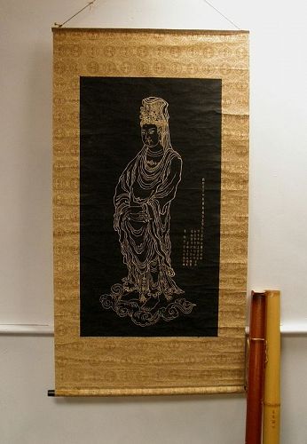 Chinese Stele Stone Ink Rubbing Scroll Quan Yin with Calligraphy