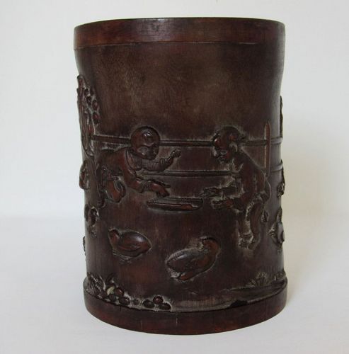 Chinese Bamboo Brush Pot, Children Feeding Chicks, Dog Playing