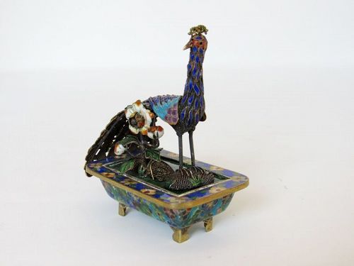 Chinese Silver, Gold Enamel Cloisonne Peacock Bird Figurine