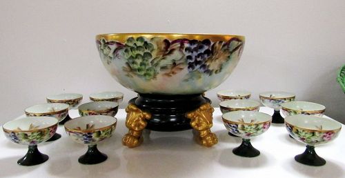 Limoges Porcelain Punch or Center Bowl on Stand & 12 Goblets