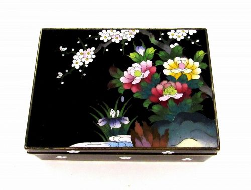 Japanese Black Inaba Hinged Cloisonne Box Flowers