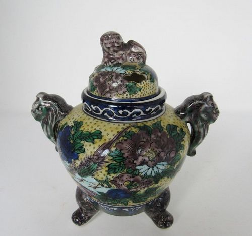 Vintage Japanese Porcelain Kutani Koro Incense Burner with Shishi