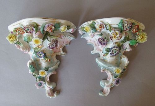 Pair Antique Dresden Sitzendorf Porcelain Wall Brackets