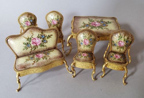 Miniature Continental Gold Vermeil and Guilloche Enamel Furniture