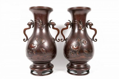 Pair of Bronze Meiji Era Japanese Vases with Birds