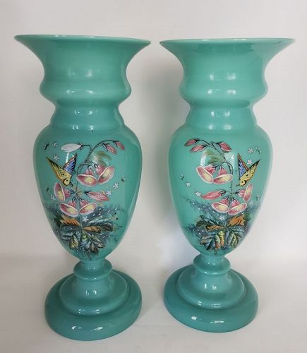 Pair Thomas Webb Blue Opaline Art Glass Vase With Enamel Butterfly