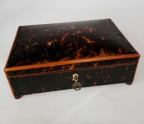 19th C Tortoise Shell Jewelry Keepsake Table Box with Key