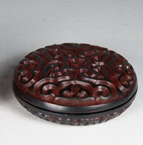 19th C Chinese Round Black Red Cinnabar Lacquer Tixi Guri Box