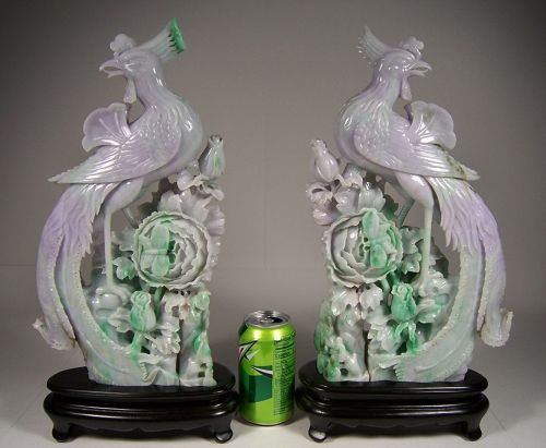 Pair Chinese Lavender and Apple Green Jade Phoenix Bird Statues