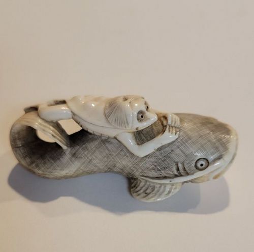 Japanese Kappa Riding a Catfish Netsuke Meiji Period