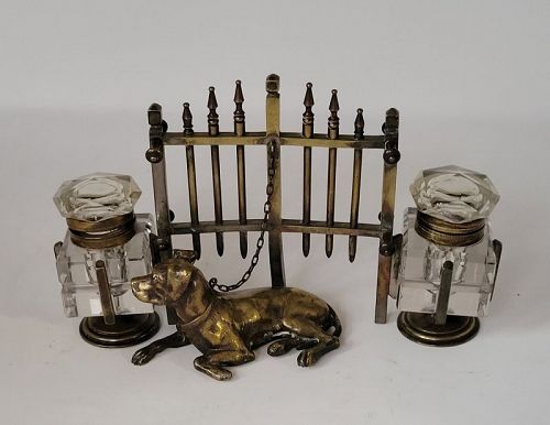 Antique English 19th C Bronze Inkwell Set with Dog