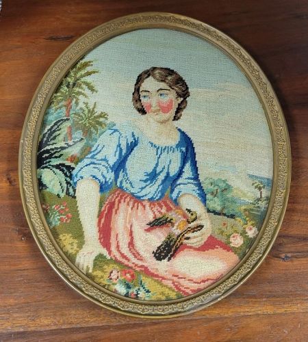 Antique Petit Point Embroidery of a Girl with a Bird