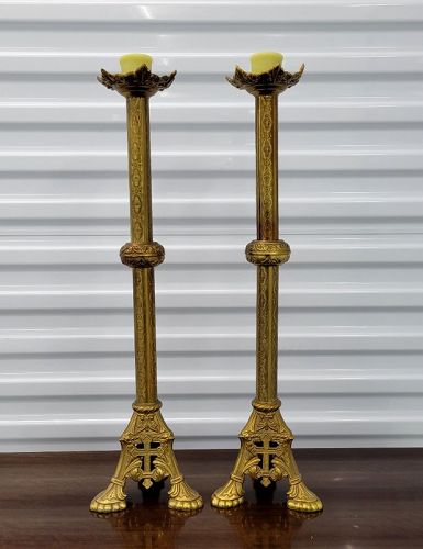 Pair of 24'' Tall Vintage Brass Church Candle Stick Holders With Cross