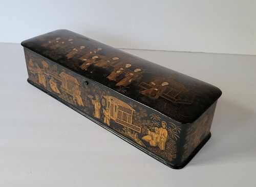 Antique Black Lacquered Papier-Mache Chinoiserie Box