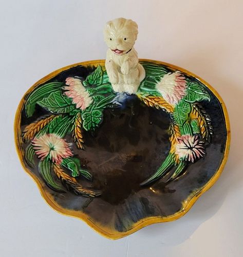 English dark blue Majolica dish with white puppy