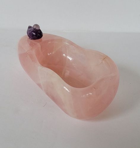 Chinese Rose Quartz Brush Washer with Amethyst Duck