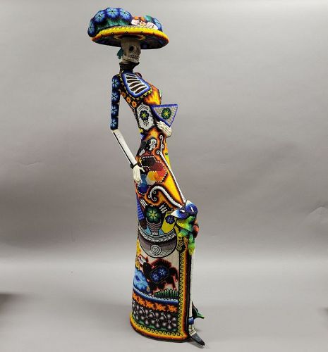 36 Inch High La Catrina Mexican Folk Art Huichol Beaded Skull Statue