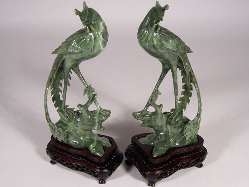 Mid 20th C Chinese Green Serpentine Jade Phoenix Bird Carving