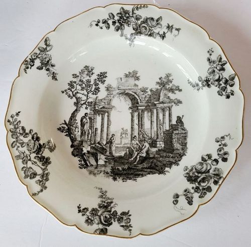 18th C Worchester Black Transfer Plate Classical Landscape