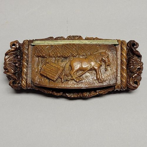 Antique French Hand Carved Coquilla Nut Snuff Box With Horse