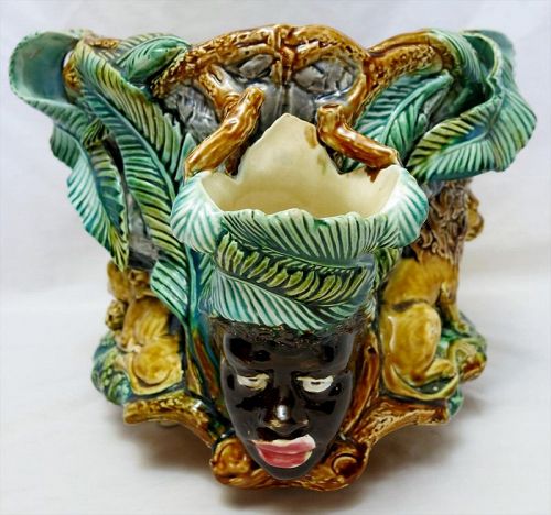 Onnaing French Majolica Blackamoor and Lions Jardiniere Cache Pot