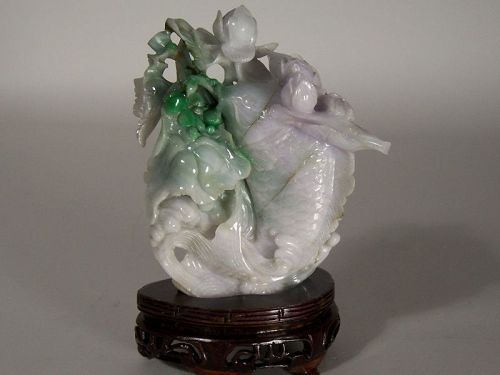 Vintage White Green Lavender Jade Jadite Chinese Fish Carving